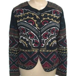 Johnny Was JW Los Angeles Womens Embroidered Cardigan Jacket Cotton Small Black